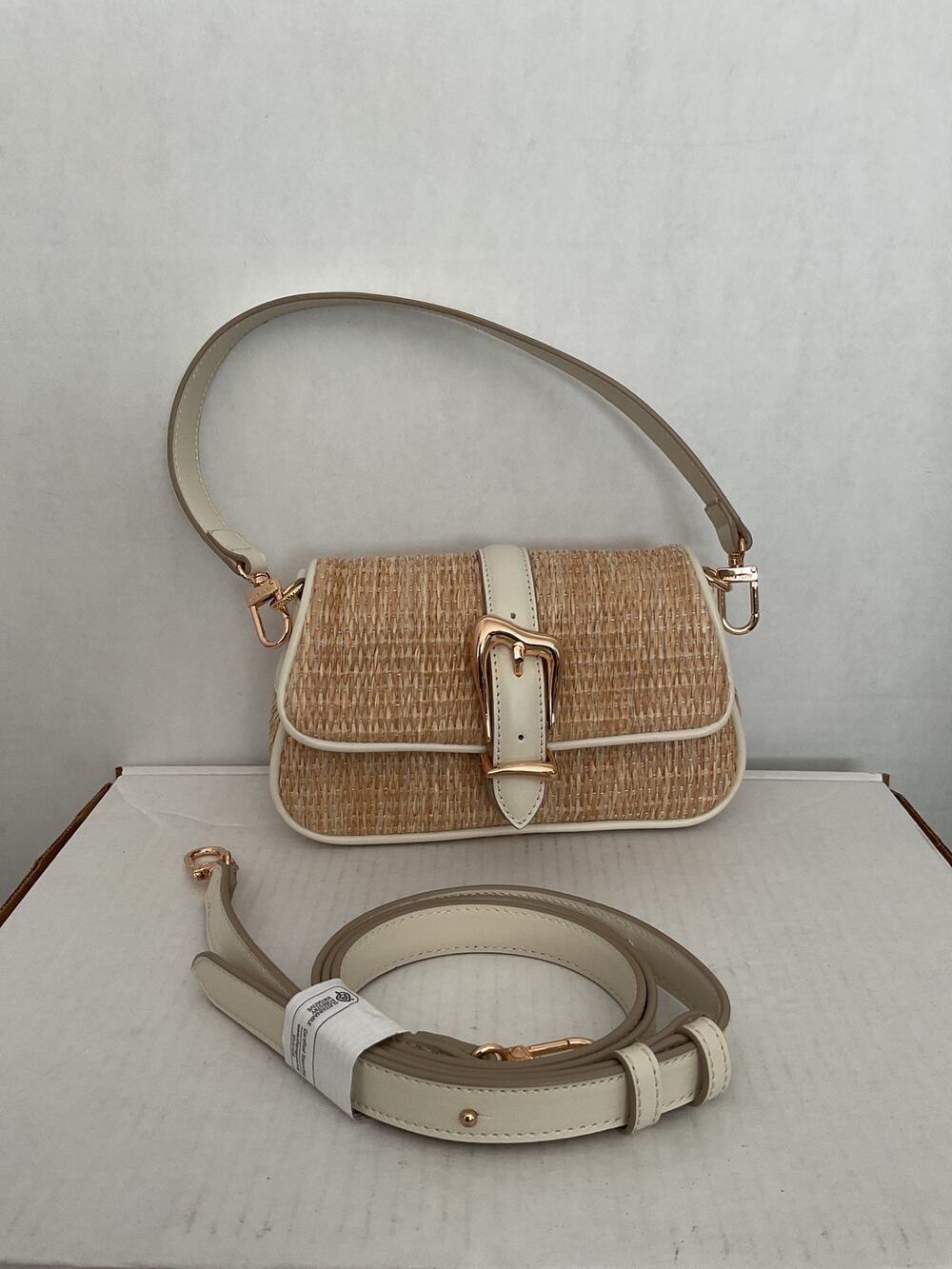 Anne Klein - Small Straw Fold over Crossbody/ Shoulder Bag- Natural & Cream